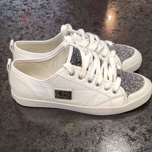 G by Guess Gray and White Sneakers with Glitter Toe Cap